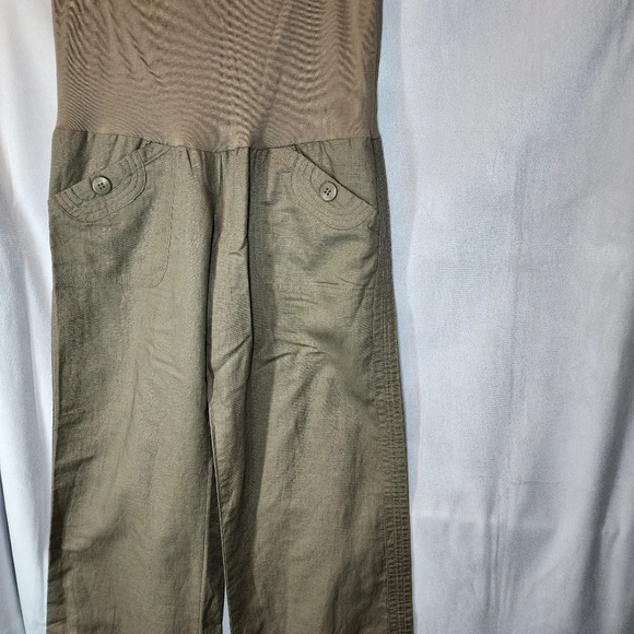 MNG Linen-blend Fold-Waist Wideleg Pants Dark Khaki Size Medium Pull On Stretch - Picture 12 of 12